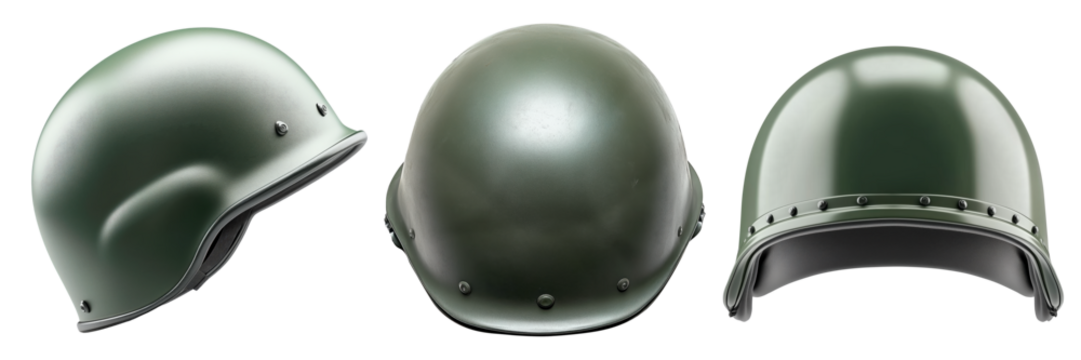 A set of Military helmet in matte green color, isolated on a transparent background. Protective combat helmet with minimalistic design, suitable for army, tactical gear, and safety equipment projects.
