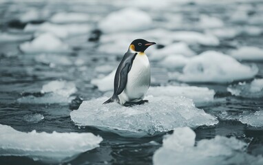 Fototapeta premium Emperor penguin standing on ice floe in ocean.