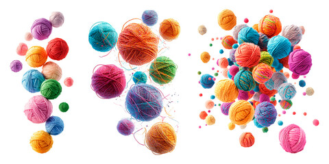 Colorful yarn balls floating on a transparent background. Various skeins of wool in bright colors, knitting and craft