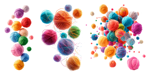 Colorful yarn balls floating on a transparent background. Various skeins of wool in bright colors, knitting and craft