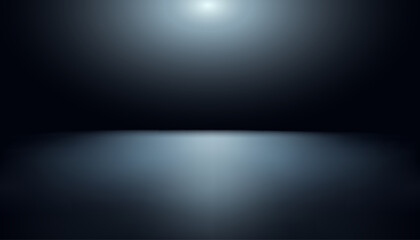 Black gradient studio background with lighting on floor and wall. Empty interior for displaying merchandise in night tone with glossy texture for cars, motorcycles, modern technology.