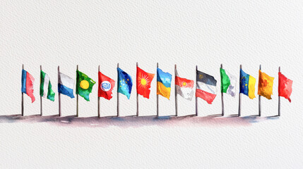 Colorful watercolor illustration of international flags celebrating international workers day. concept of global unity, cultural diversity, labor day, worldwide cooperation
