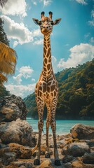 Obraz premium Giraffe standing on a beach with tropical scenery and mountains in the background during a bright sunny day