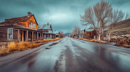 Obraz premium Abandoned ghost town with weathered wooden buildings and empty streets.