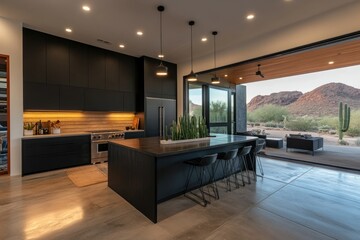 Modern desert kitchen, sunset view, island, design