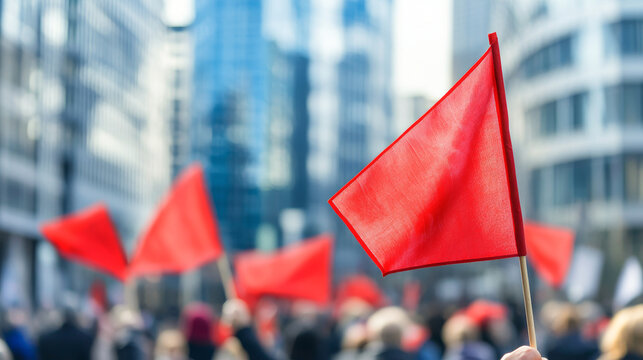 Peaceful demonstration on international workers day with red flags in cityscape scene. concept of labor rights, social unity, urban protest, human empowerment