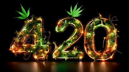 Number 420, made of neon light tubes and weed, symbol of marijuana smoking, on dark background