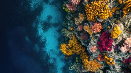 Obraz premium Aerial view of a breathtaking coral reef with vibrant marine life beneath the surface.