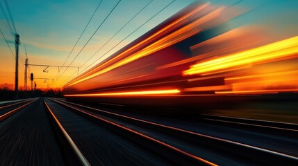 Obraz premium Sunset Express, High-Speed Train Races Through the Golden Hour