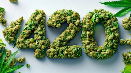 Number 420 made of cannabis flowers on light background. Symbol of cannabis smoking culture