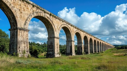 Ancient Roman aqueduct stretching across the countryside under a blue sky.