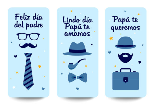 Tarjetas feliz d&iacute;a del padre, con elementos, sombrero, bigote, corbata, portafolio, lentes, en color azul.