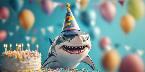 Shark celebrates birthday with cake and balloons in a festive party atmosphere
