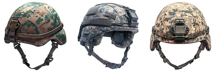 A set of Military tactical helmet with a digital camouflage cover isolated on a transparent background. Modern combat helmet with chin strap and mounting rails.