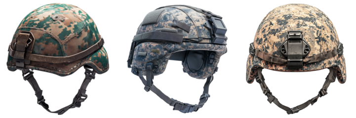 A set of Military tactical helmet with a digital camouflage cover isolated on a transparent background. Modern combat helmet with chin strap and mounting rails.