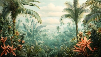 Lush Tropical Jungle with Palm Trees and Flowers, A lush tropical jungle with various palm trees and vibrant orange flowers under a cloudy sky