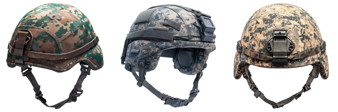 A set of Military tactical helmet with a digital camouflage cover isolated on a transparent background. Modern combat helmet with chin strap and mounting rails.