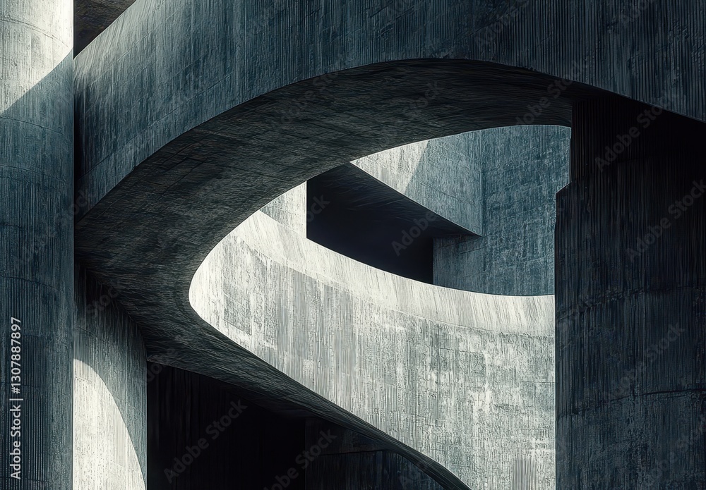 Poster abstract architectural design featuring curved concrete structures with interplay of shadows and lig