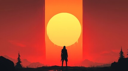 Fototapeta premium Silhouette of a person standing before a large, vibrant sun. Warm sunset tones dominate the scene.