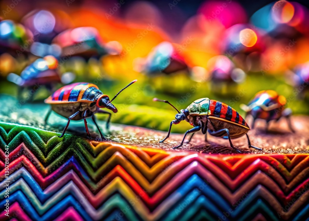 Poster abstract bug silhouettes with dynamic zigzag lines: tilt-shift miniature photography
