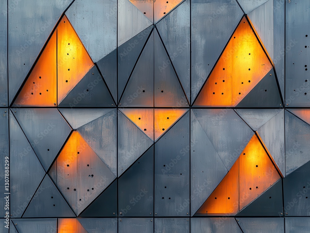 Poster abstract architectural facade featuring geometric shapes and illuminated elements showcasing modern 
