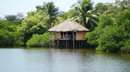 Obraz premium Bamboo hut on stilts overlooking a peaceful lagoon surrounded by tropical greenery.