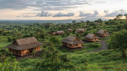 Beautiful hilltop village surrounded by lush forests, emphasizing sustainable tourism.
