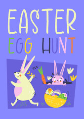 Cute Easter egg hunt scene with two playful rabbits, a basket of decorated eggs, and spring flowers. Perfect for Easter greeting cards, posters, and invitations