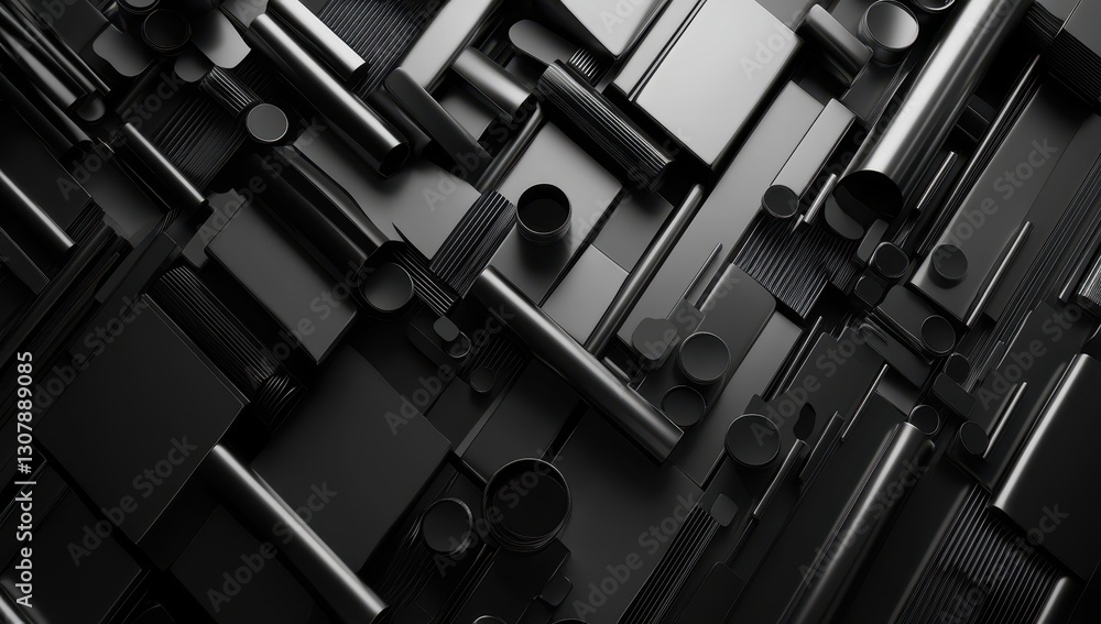 Poster abstract black geometric shapes arrangement with varying dimensions and textures creating a modern a
