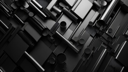 Abstract black geometric shapes arrangement with varying dimensions and textures creating a modern artistic background for design projects