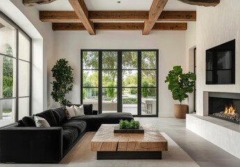 Modern living room, luxury home, backyard view, fireplace, design