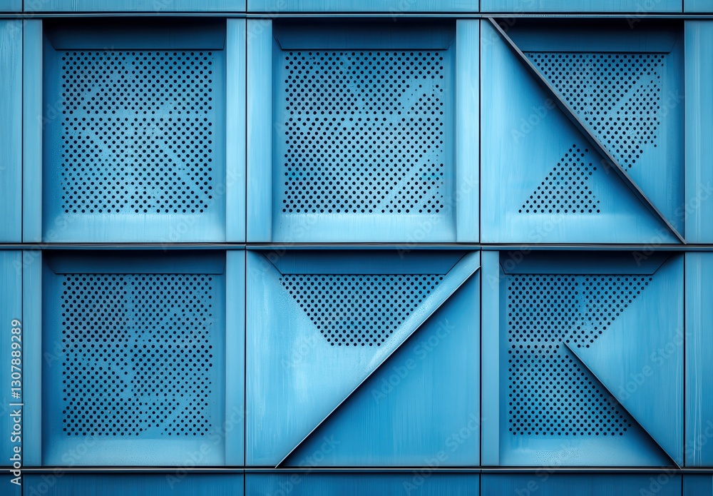 Poster abstract blue architecture design with geometric patterns and perforated panels creating a modern ur