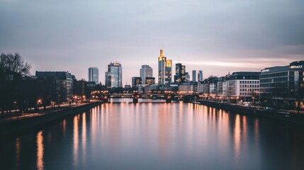 Naklejka premium Frankfurt Skyline at Dusk, River Reflection, Cityscape