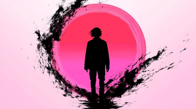 Silhouette of a person standing before a vibrant pink and black abstract background.  A feeling of mystery and contemplation.