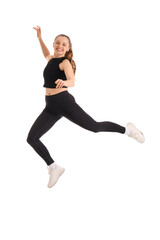 Sporty young woman jumping on white background
