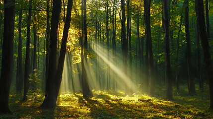 Fototapeta premium Serene woodland scenery with dappled sunlight and golden beams