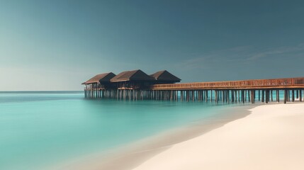 Coastal resort with a wooden pier extending into calm turquoise waters.
