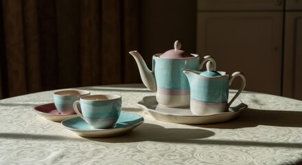 Fototapeta premium Elegant tea set on table with natural light