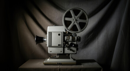 Fototapeta premium Vintage film projector on table against dark background