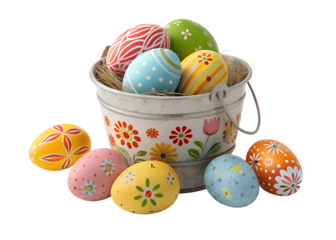 Assorted Easter eggs in a decorative bucket, highlighting their vibrant colors and patterns on a transparent background.