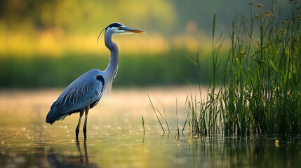 Naklejka premium A serene heron in a lush marsh surrounded by natural beauty