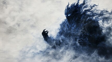 A shadowy, ominous figure emerges from a swirling cloud of smoke, its form indistinct yet menacing.