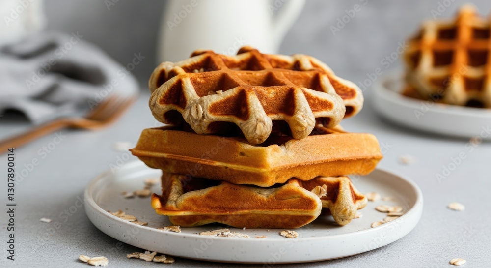 Poster stack of belgian waffles on plate with blurred background