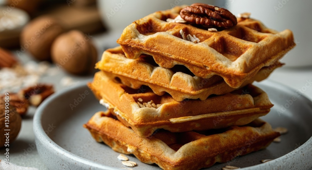 Poster stack of homemade waffles topped with pecans, surrounded by nuts