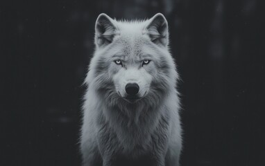 Obraz premium Majestic arctic wolf portrait in monochrome, intense gaze, dark background.