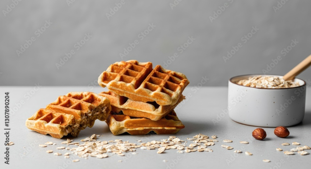 Poster stack of waffles with bowl oats and nuts on gray background