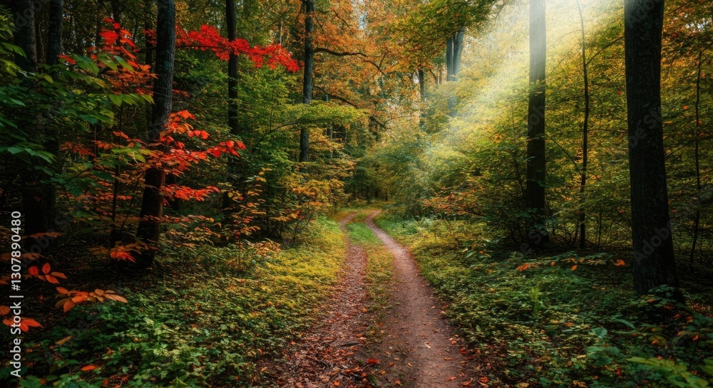Poster sunlight filters through trees in tranquil forest pathway during autumn