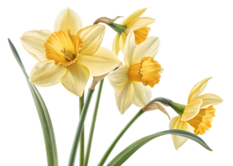 Cluster of daffodil flowers with vibrant yellow blooms, perfect for spring-themed designs on a transparent background.
