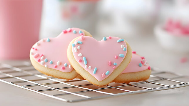 Pink Heart-Shaped Cookies with Sprinkles on Cooling Rack