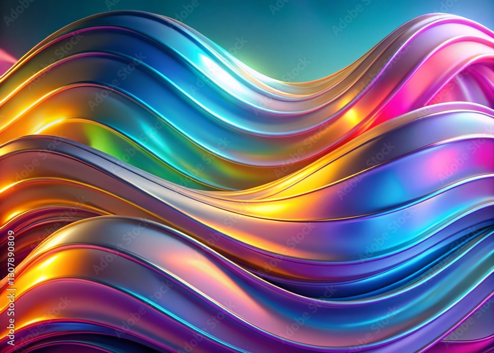 Poster abstract chromatic wave: iridescent 3d render of flowing curves - minimalist design